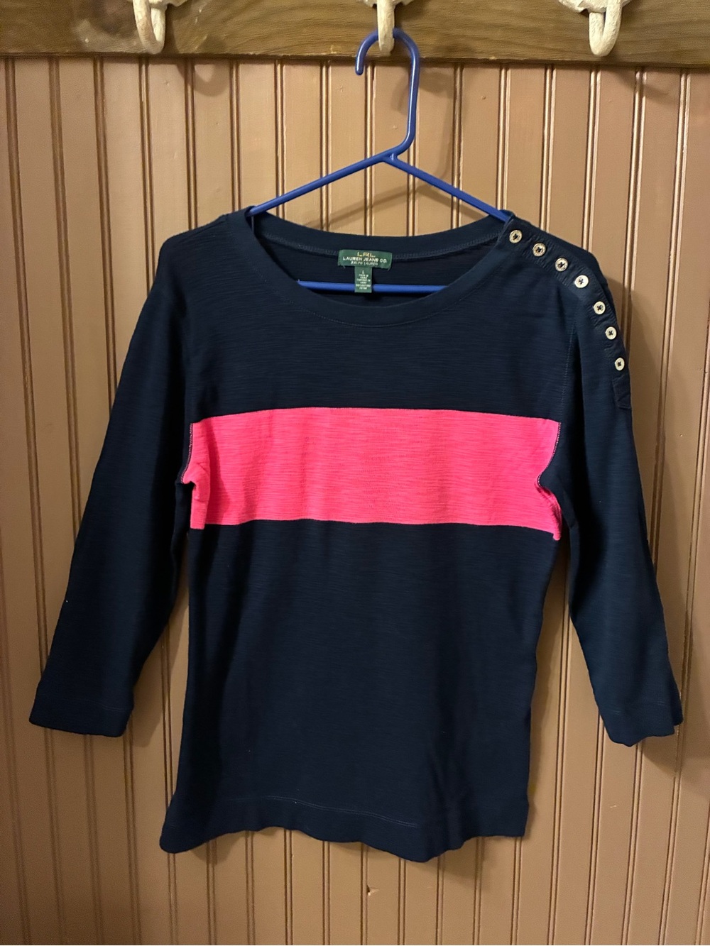 Ralph Lauren Navy Long Sleeve Tee with Pink Chest Stripe and Shoulder Buttons